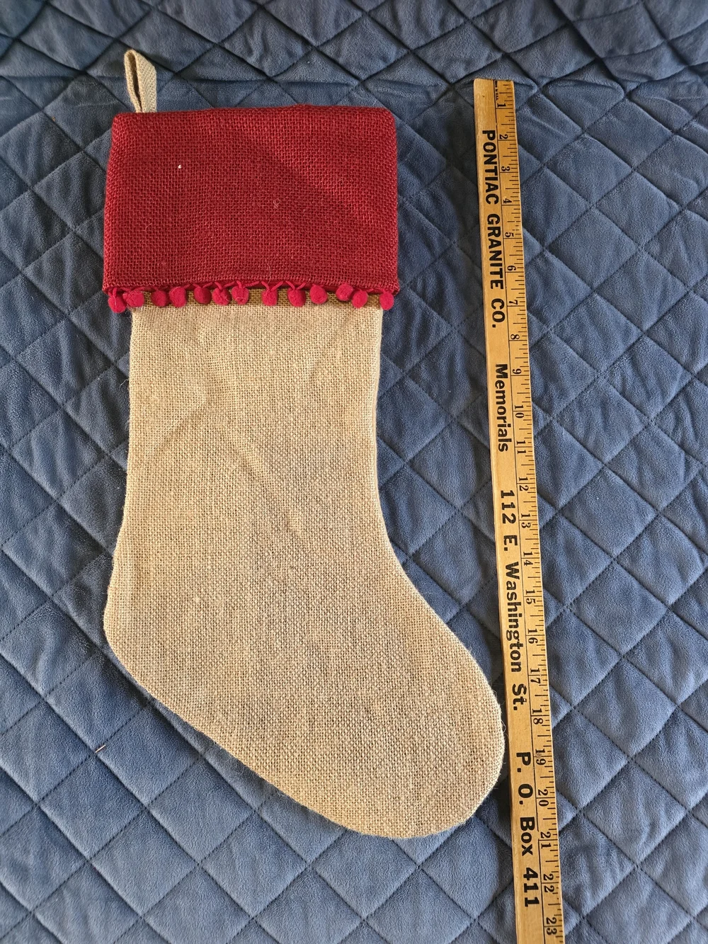 Holiday Stocking Tree Skirt Set Burlap with Red Pom Pom Trim